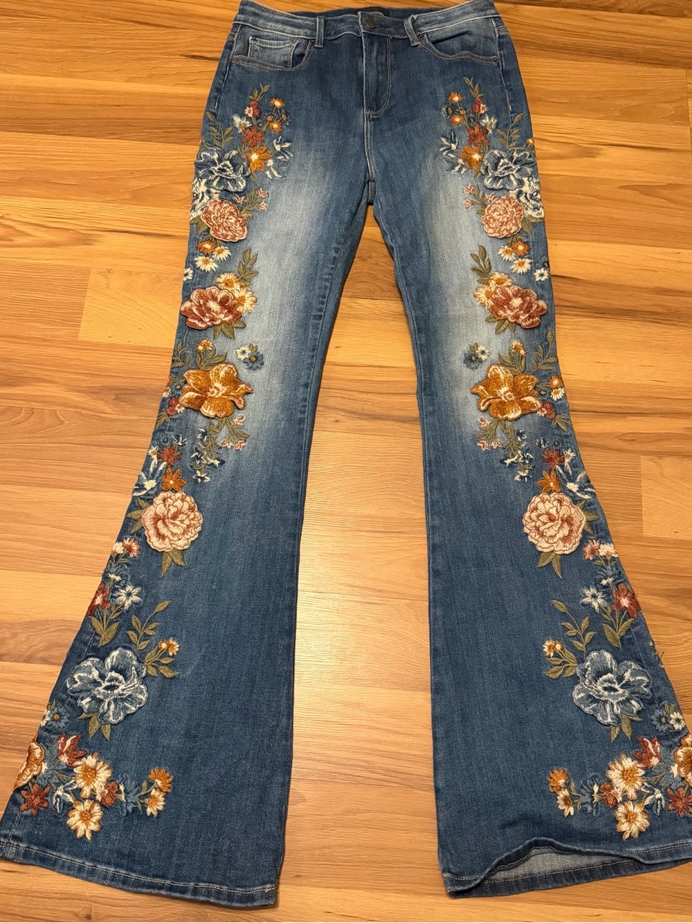 DRIFTWOOD Farrah Blue Flare Jeans with Multicolor Floral Embroidery
